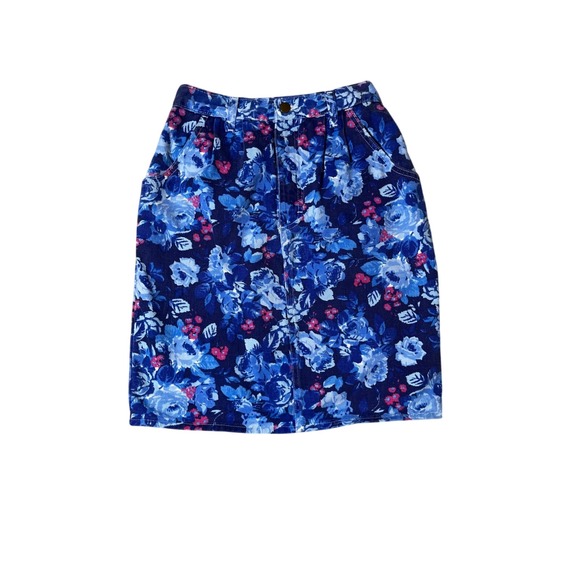 Vintage 90s Blue Floral Denim High Waist Button Front Mini Skirt Size 6 - Picture 2 of 9